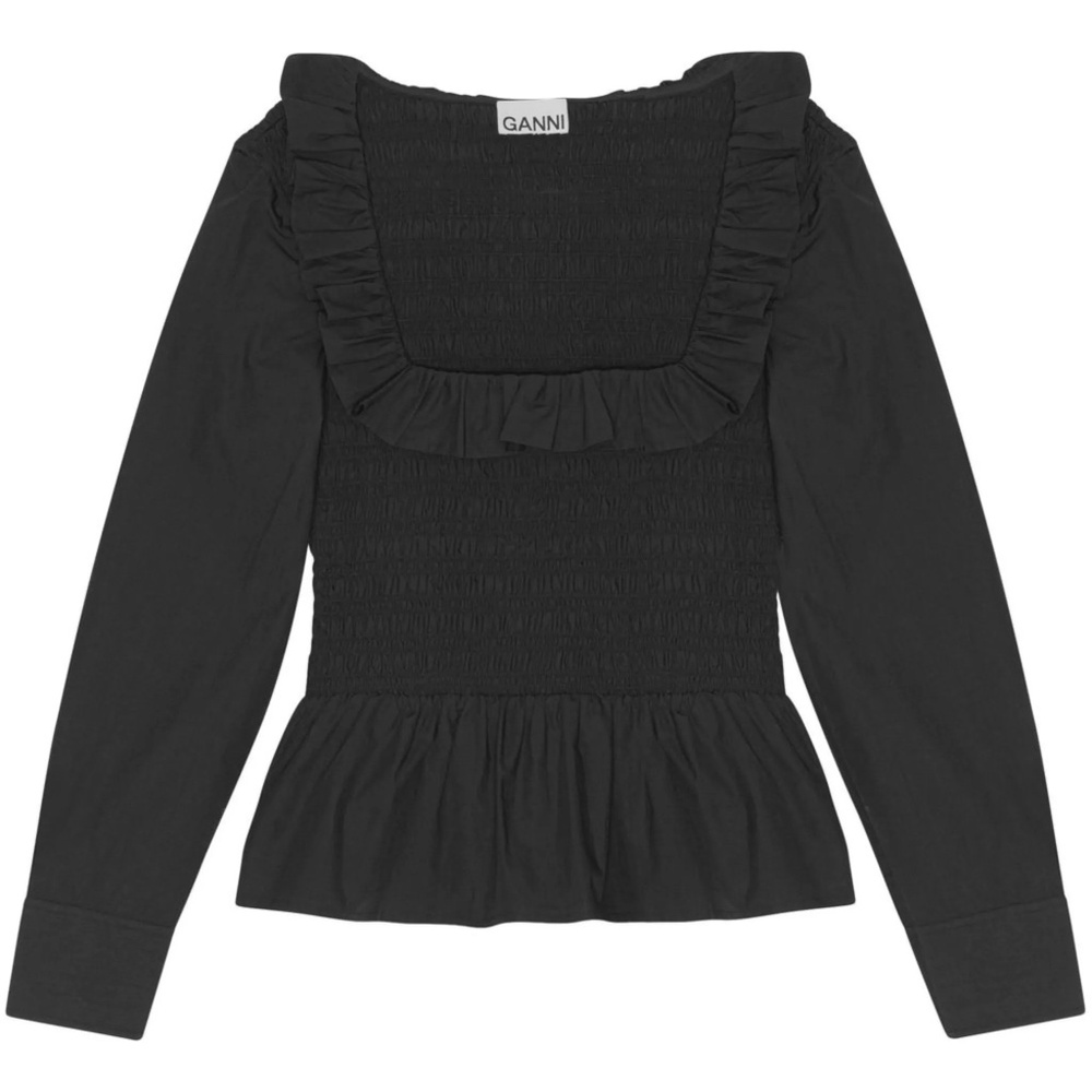 Ganni Black Ruffle Square Neck Cotton Smock Top- Size US 12 (44)